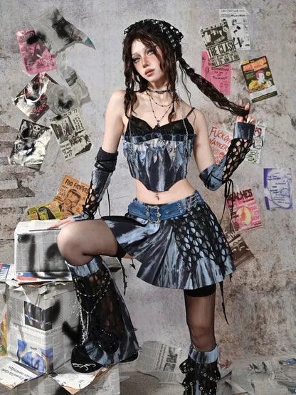 Virtual Orbit Y2K Patchwork Punk Rock Fingerless Gloves