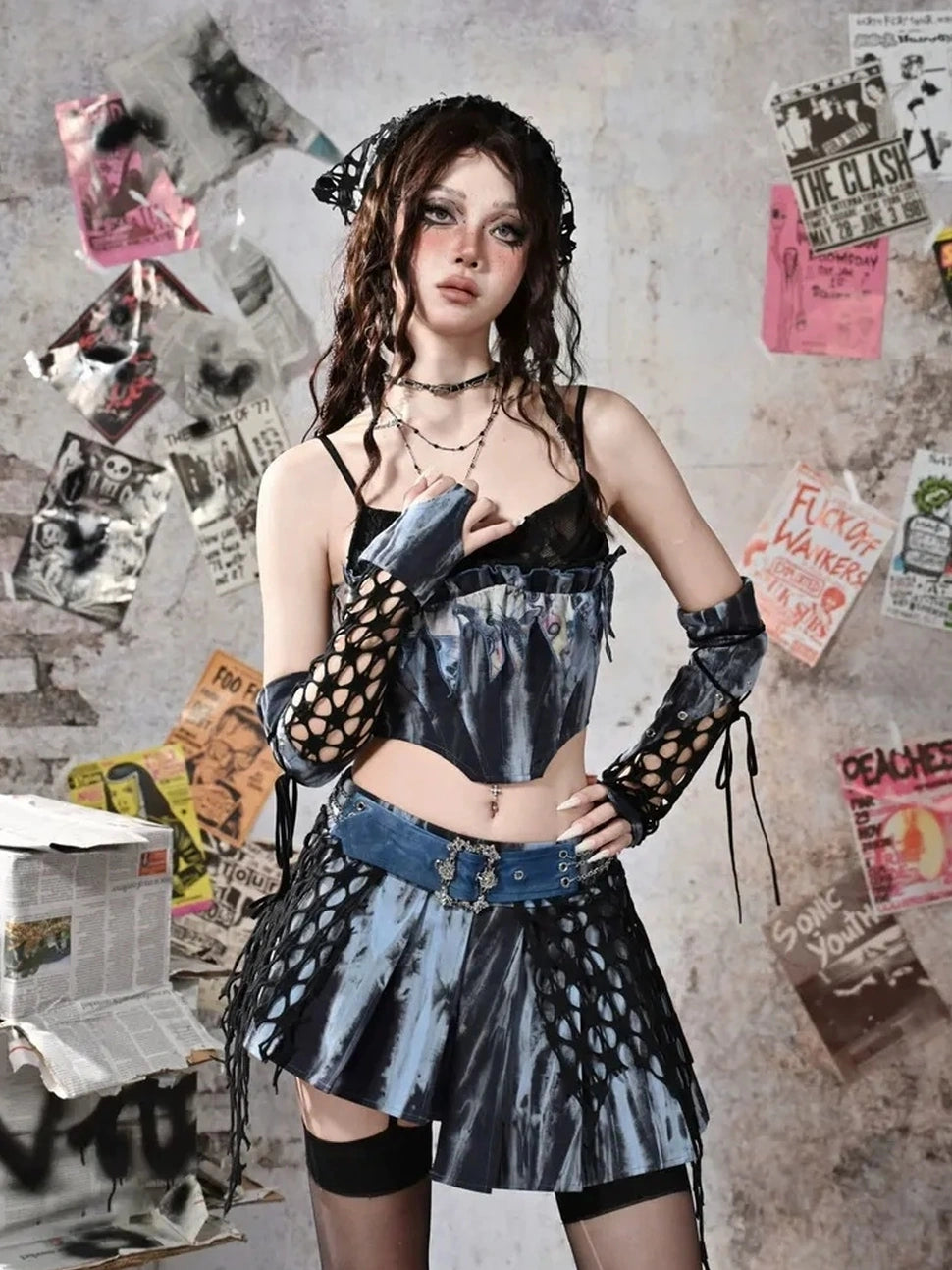 Virtual Orbit Y2K Patchwork Punk Rock Fingerless Gloves