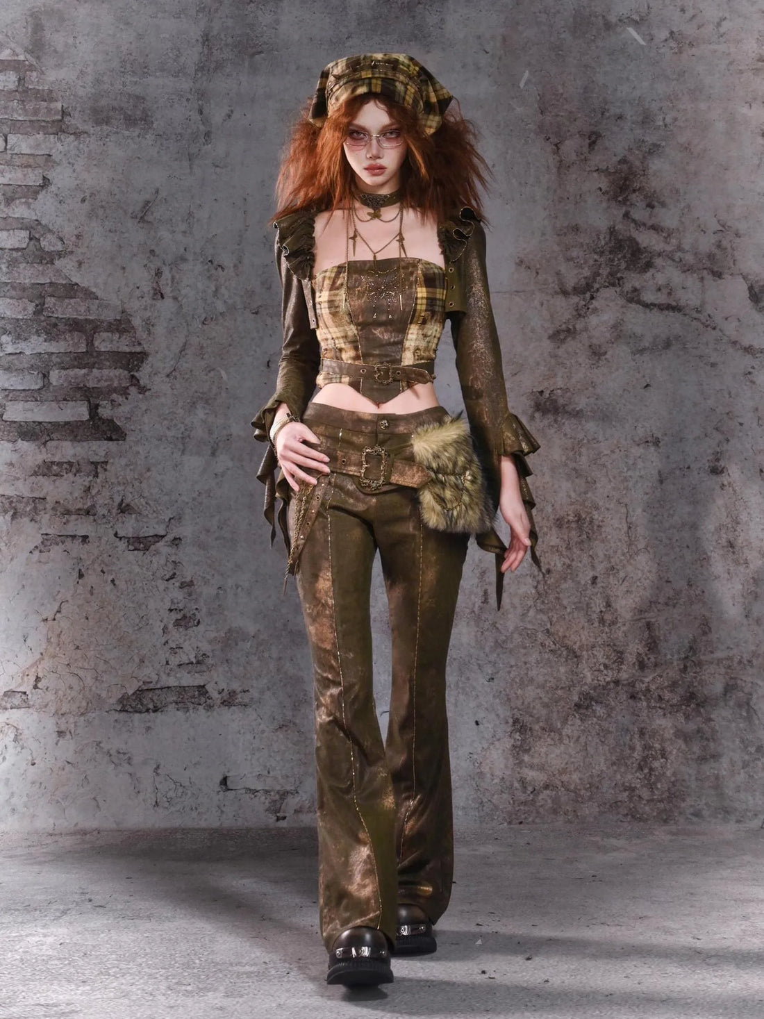 Virtual Orbit Y2K Punk Flared Pants With Retro Waist Bag