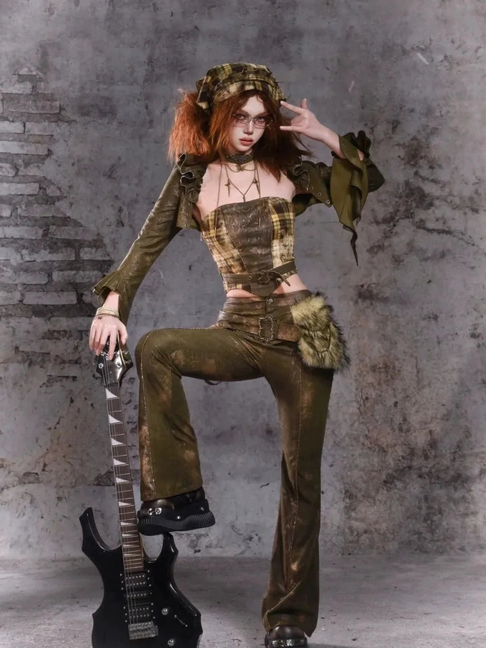 Virtual Orbit Y2K Punk Flared Pants With Retro Waist Bag