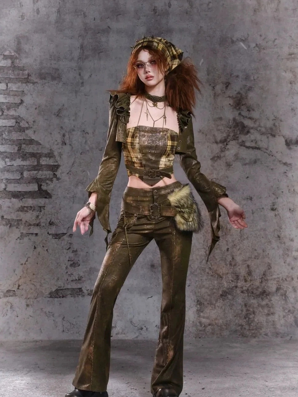 Virtual Orbit Y2K Punk Flared Pants With Retro Waist Bag