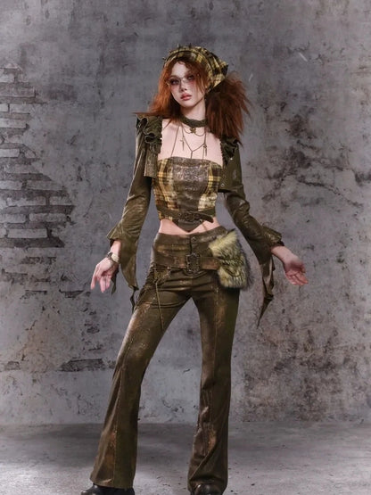 Virtual Orbit Y2K Punk Flared Pants With Retro Waist Bag