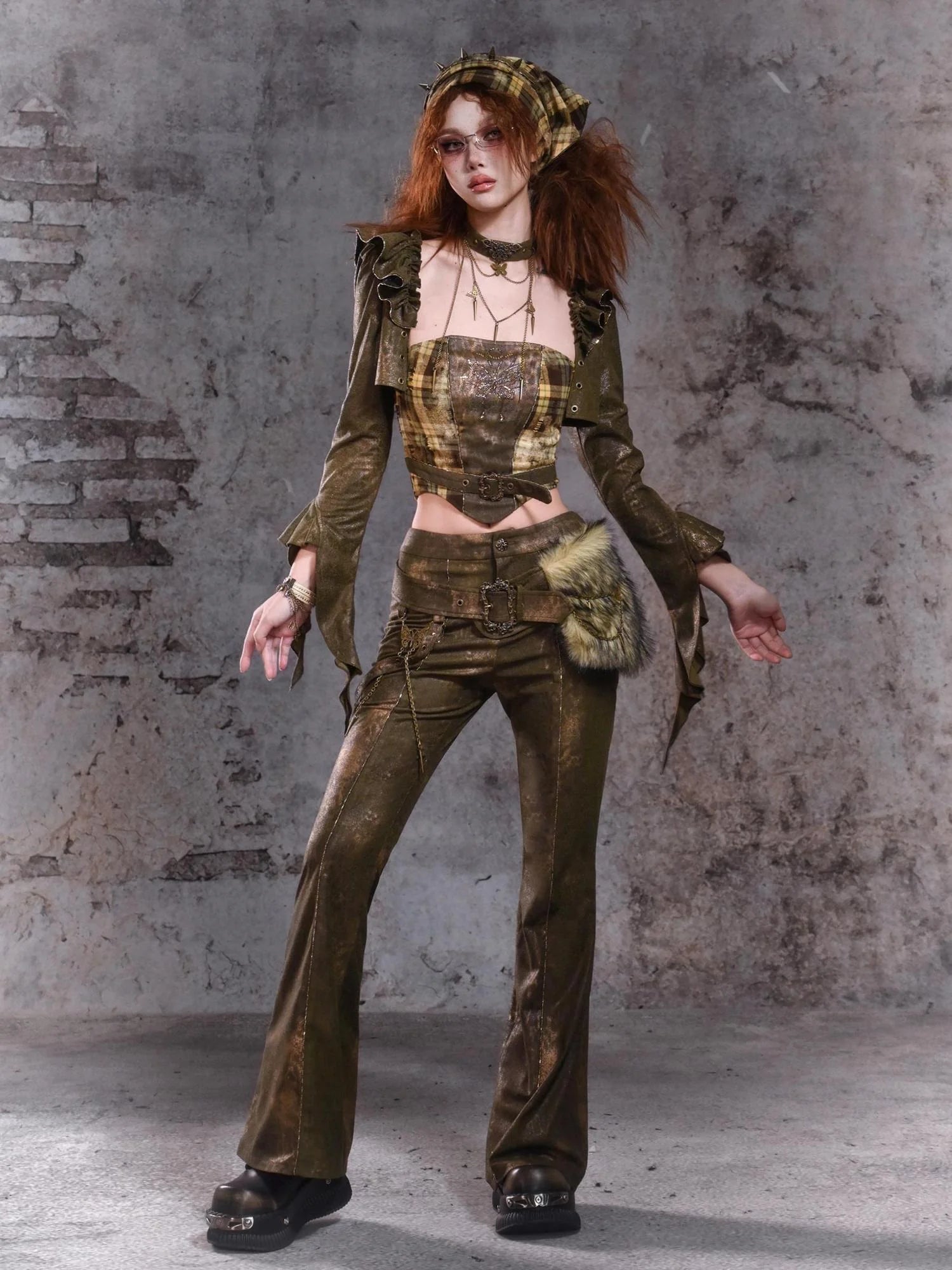 Virtual Orbit Y2K Punk Flared Pants With Retro Waist Bag