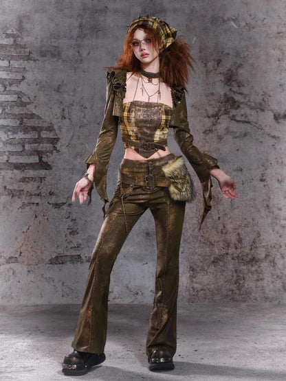 Virtual Orbit Y2K Punk Flared Pants With Retro Waist Bag