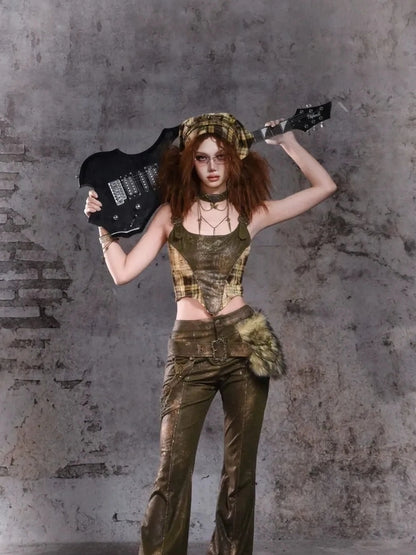 Virtual Orbit Y2K Punk Flared Pants With Retro Waist Bag