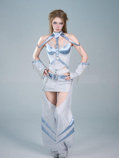 Virtual Orbit Y2k Cutout Detachable Ruffle Hip Hugging Women&
