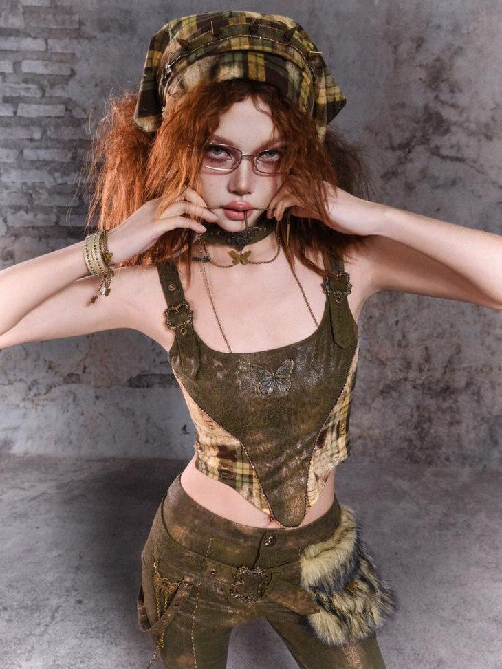 Virtual Orbit Y2k Deconstructed Studded Plaid Patchwork Punk Rock Women&