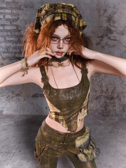 Virtual Orbit Y2k Deconstructed Studded Plaid Patchwork Punk Rock Women&