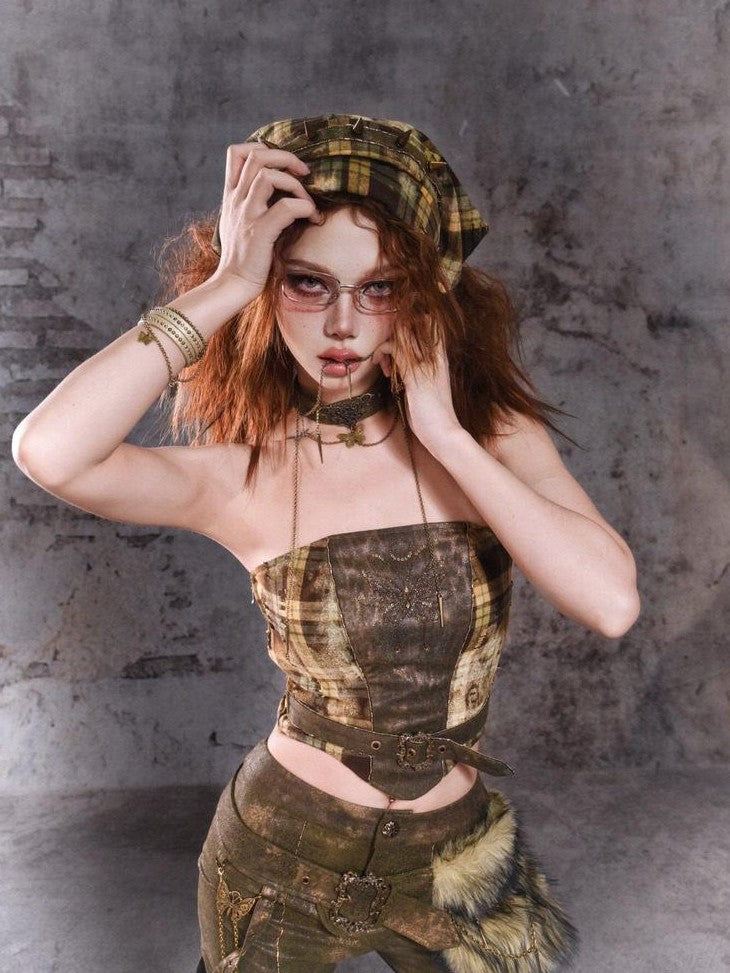 Virtual Orbit Y2k Deconstructed Studded Plaid Patchwork Punk Rock Women&