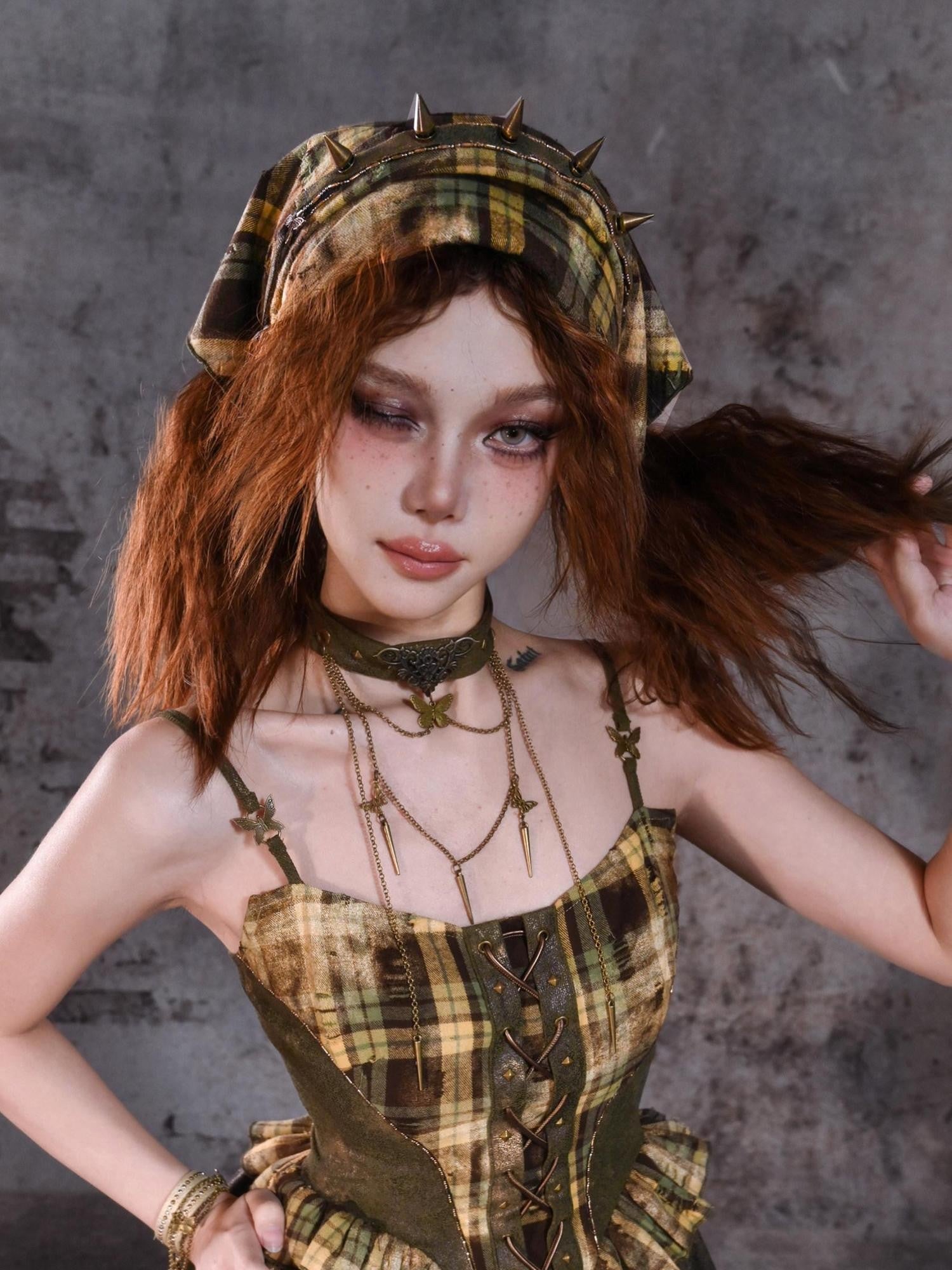 Virtual Orbit Y2k Deconstructed Studded Plaid Patchwork Punk Rock Women&
