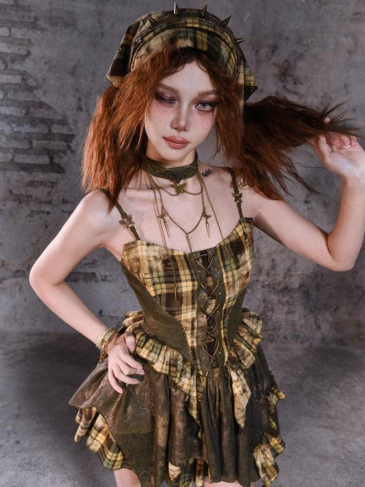 Virtual Orbit Y2k Deconstructed Studded Plaid Patchwork Punk Rock Women&