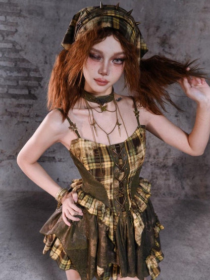 Virtual Orbit Y2k Deconstructed Studded Plaid Patchwork Punk Rock Women&