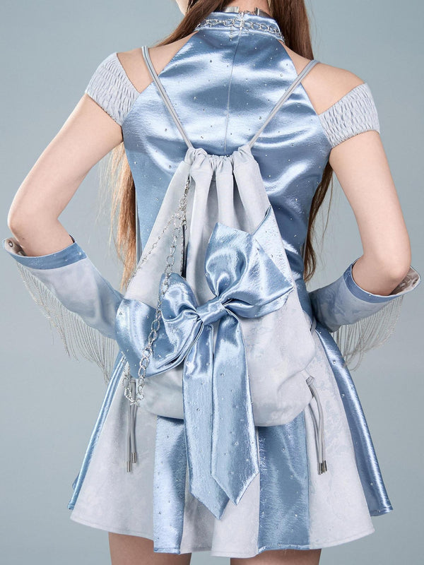 Y2k Futuristic Blue Bow Square Double Strap Women's Canvas Drawstring Bags