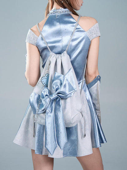 Virtual Orbit Y2k Futuristic Blue Bow Square Double Strap Women&