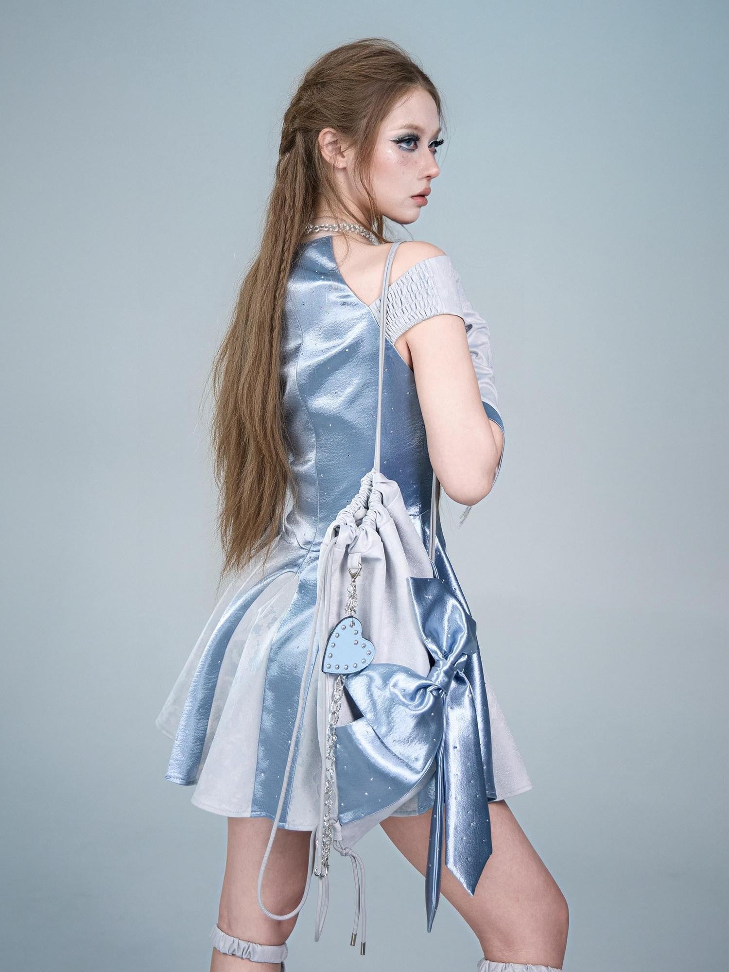 Virtual Orbit Y2k Futuristic Blue Bow Square Double Strap Women&