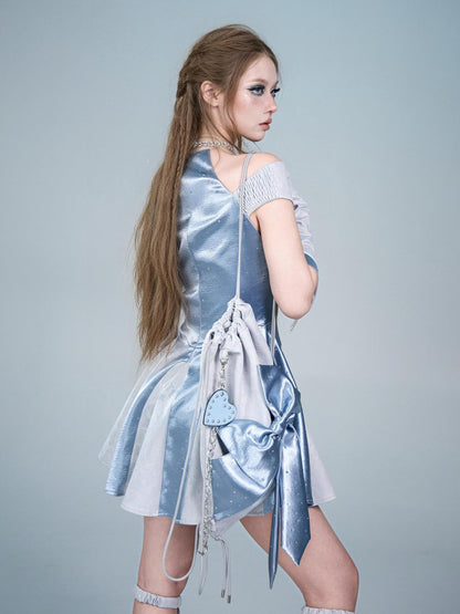 Virtual Orbit Y2k Futuristic Blue Bow Square Double Strap Women&