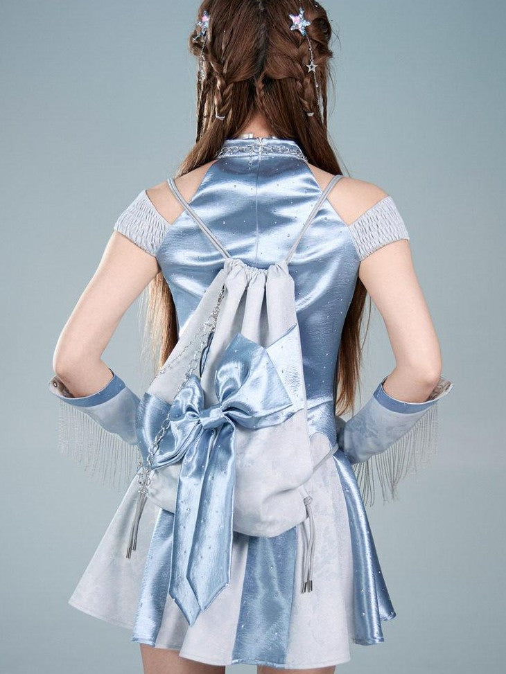 Virtual Orbit Y2k Futuristic Blue Bow Square Double Strap Women&