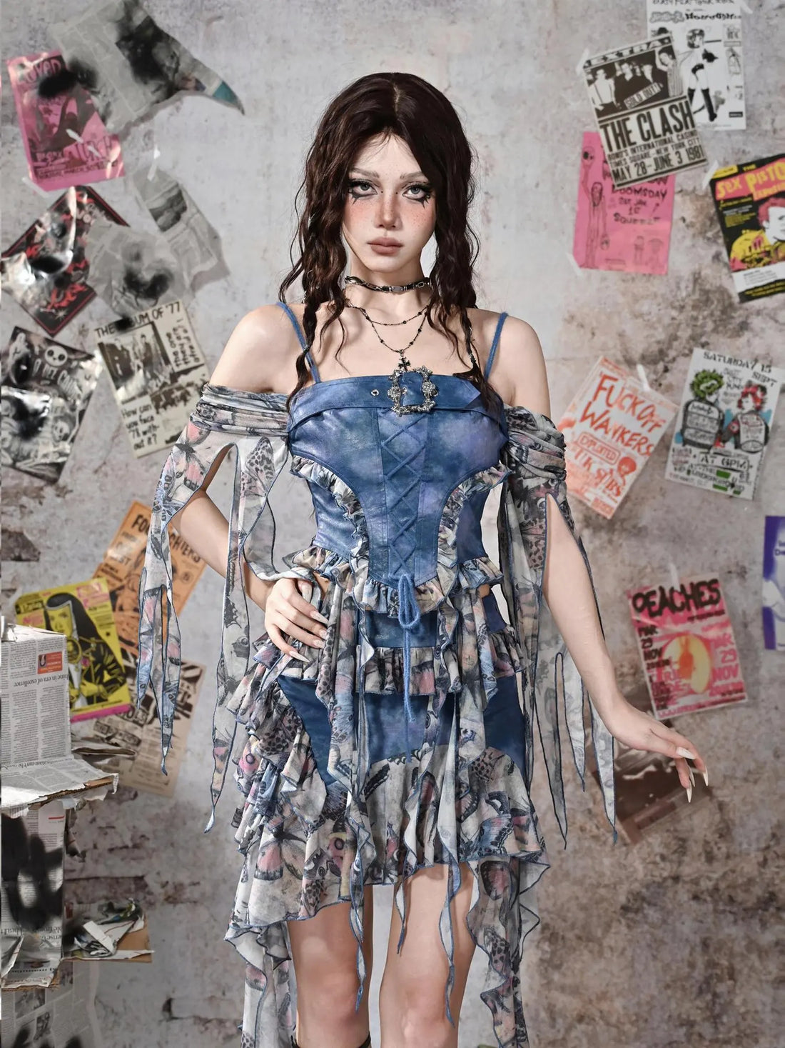 Virtual Orbit Y2k Grunge Fairy Butterfly Print Mesh Corset Top