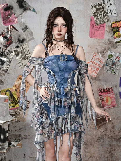 Virtual Orbit Y2k Grunge Fairy Butterfly Print Mesh Corset Top