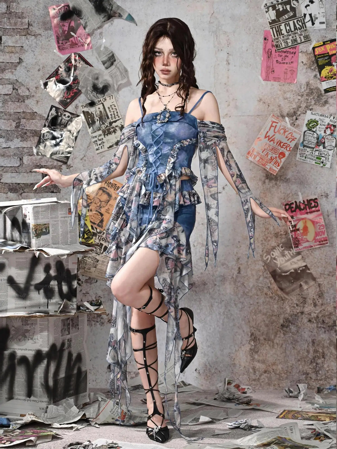 Virtual Orbit Y2k Grunge Fairy Butterfly Print Mesh Corset Top