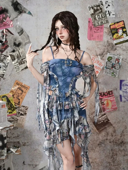 Virtual Orbit Y2k Grunge Fairy Butterfly Print Mesh Corset Top