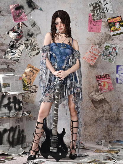 Virtual Orbit Y2k Grunge Fairy Butterfly Print Mesh Corset Top