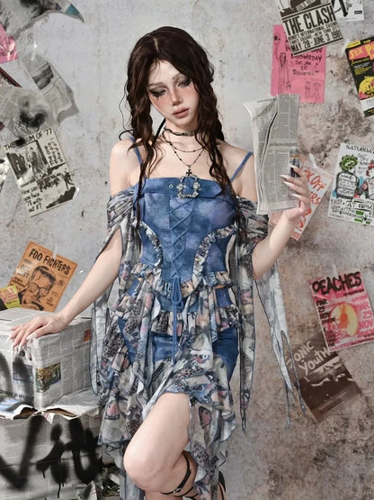 Virtual Orbit Y2k Grunge Fairy Butterfly Print Mesh Corset Top
