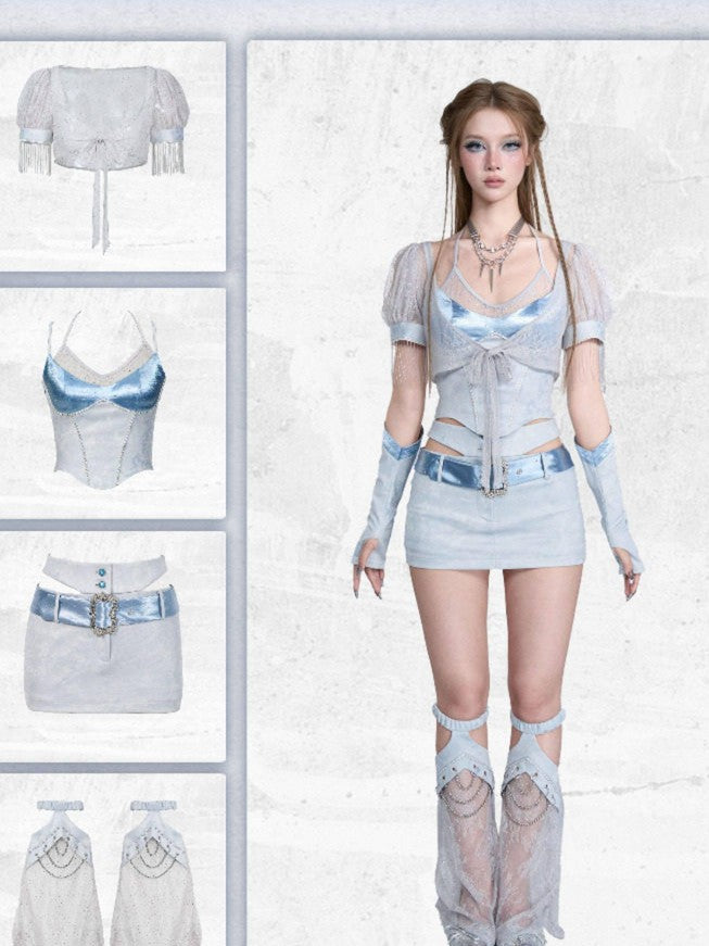 Virtual Orbit Y2k Lace Mesh Polka Dot Puff Sleeve Tie Front Women&