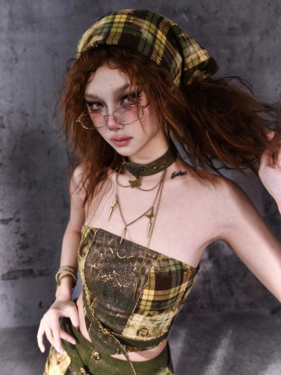 Virtual Orbit Y2k Punk Plaid Bandana Headscarf Hair Accessory