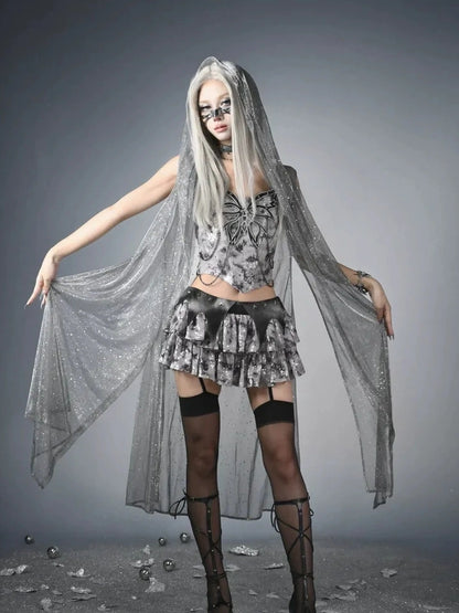 Virtual Orbit Y3K Cyberpunk Layered Mini Skirt With Studs And Sequins