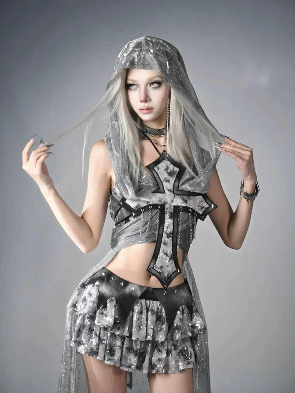 Virtual Orbit Y3K Cyberpunk Layered Mini Skirt With Studs And Sequins