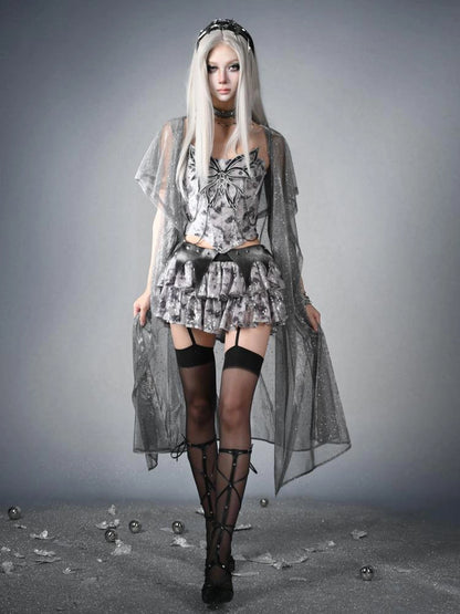 Virtual Orbit Y3K Cyberpunk Layered Mini Skirt With Studs And Sequins