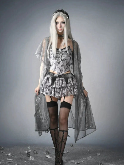 Virtual Orbit Y3K Cyberpunk Layered Mini Skirt With Studs And Sequins