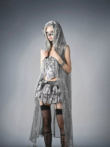 Virtual Orbit Y3K Cyberpunk Layered Mini Skirt With Studs And Sequins