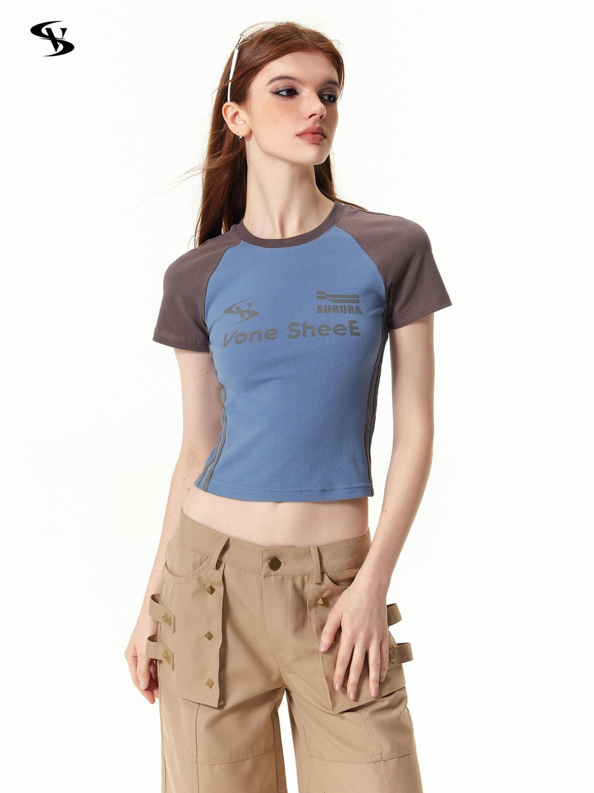 Vone SheeE American Retro Color Block Letter Print Short Sleeve Slim Fit Women&