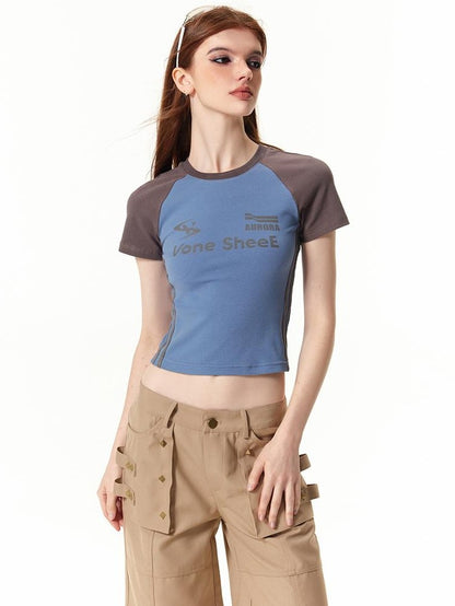 Vone SheeE American Retro Color Block Letter Print Short Sleeve Slim Fit Women&