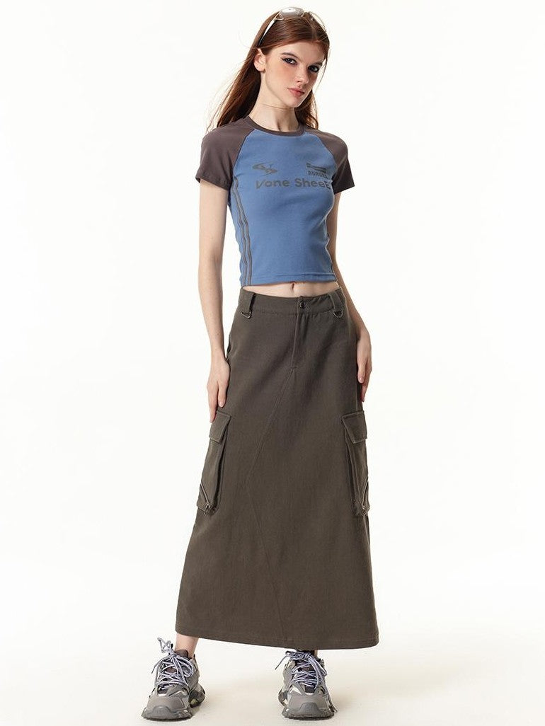 Vone SheeE American Retro Color Block Letter Print Short Sleeve Slim Fit Women&