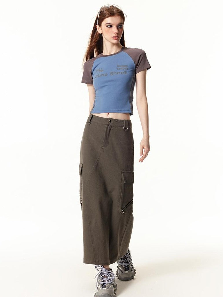 Vone SheeE American Retro Color Block Letter Print Short Sleeve Slim Fit Women&