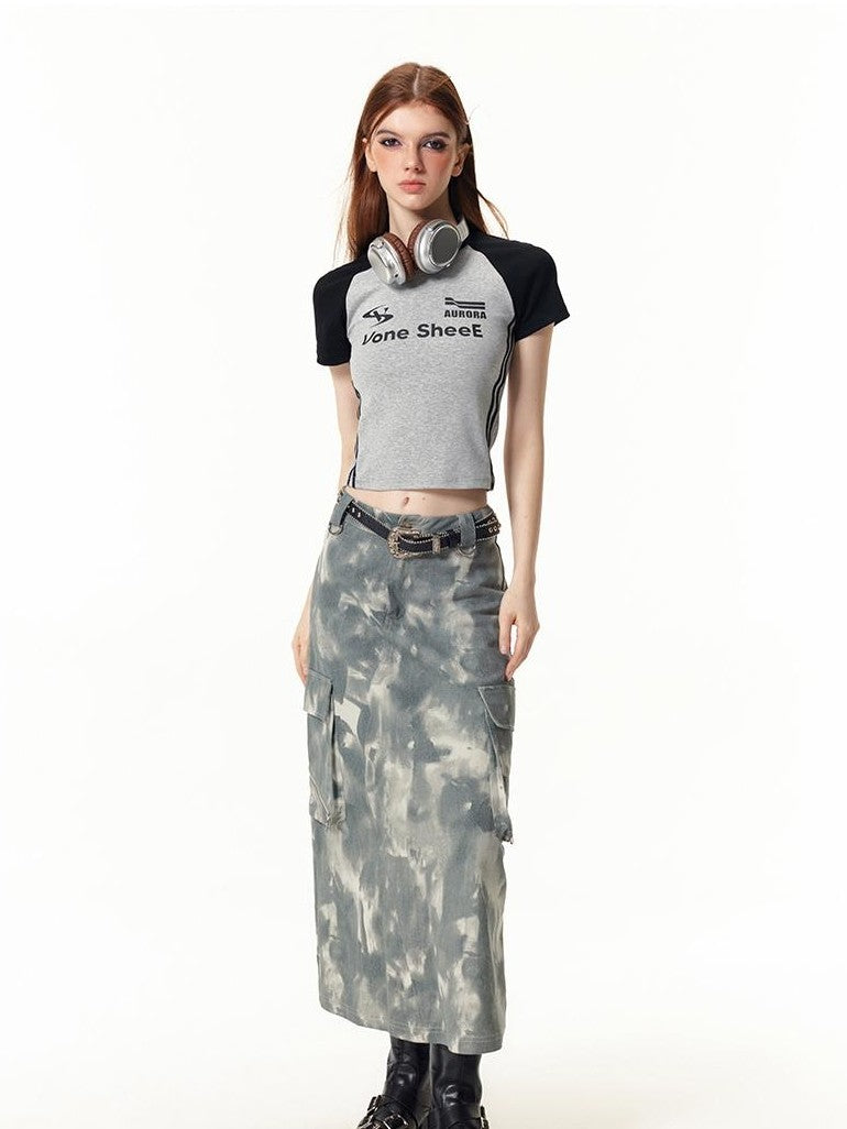 Vone SheeE American Retro Color Block Letter Print Short Sleeve Slim Fit Women&