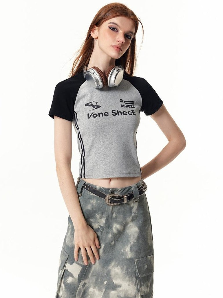 Vone SheeE American Retro Color Block Letter Print Short Sleeve Slim Fit Women&