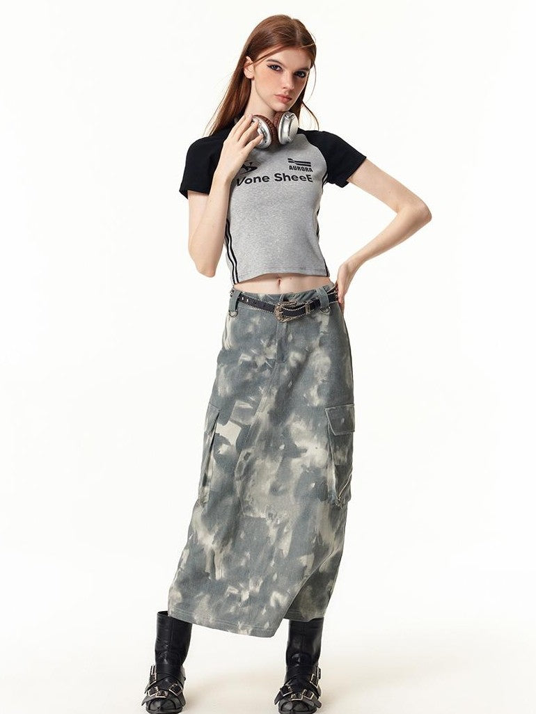 Vone SheeE American Retro Color Block Letter Print Short Sleeve Slim Fit Women&