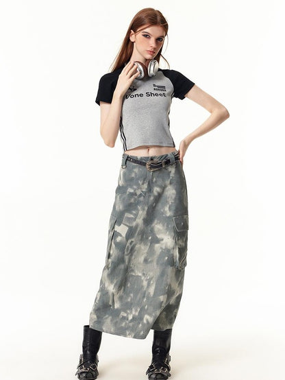 Vone SheeE American Retro Color Block Letter Print Short Sleeve Slim Fit Women&
