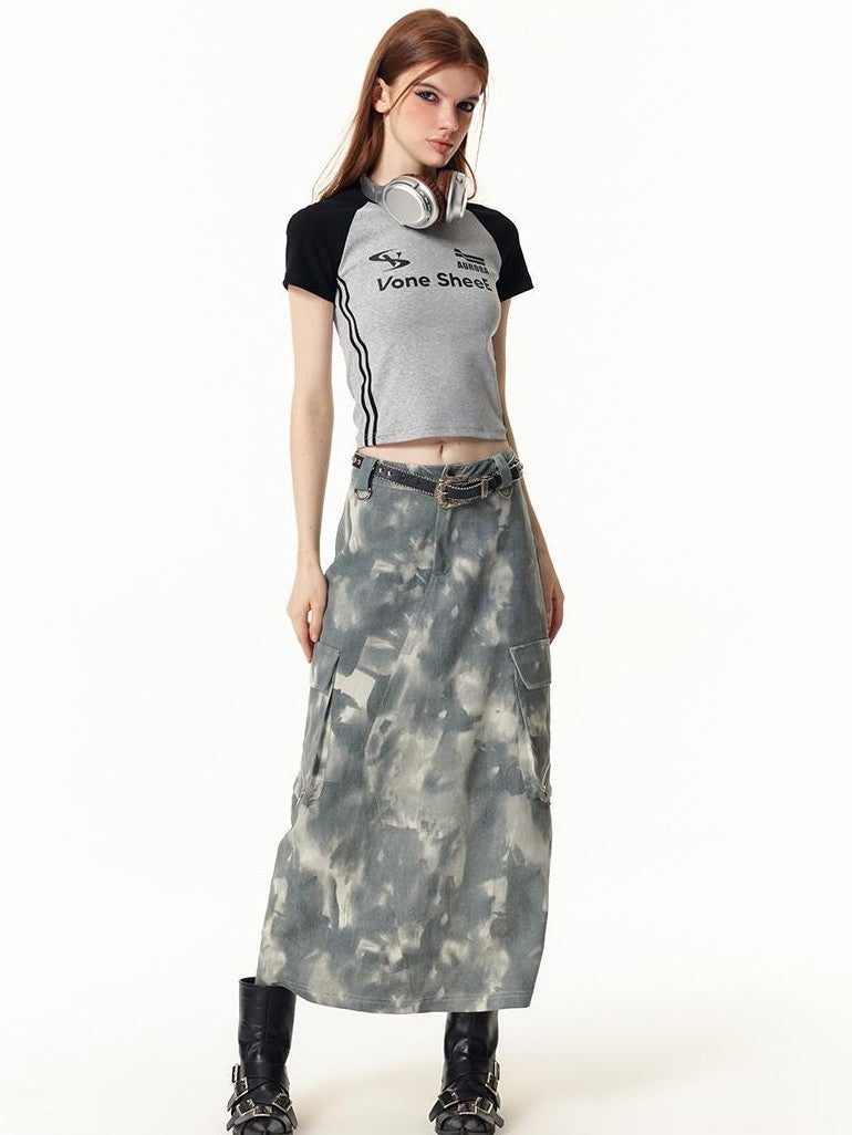 Vone SheeE American Retro Color Block Letter Print Short Sleeve Slim Fit Women&