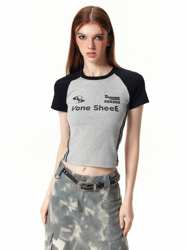 Vone SheeE American Retro Color Block Letter Print Short Sleeve Slim Fit Women&