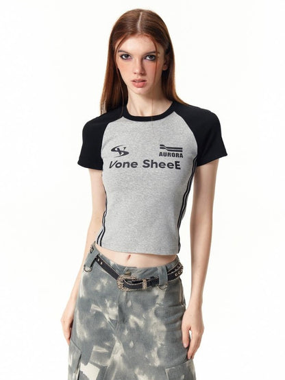 Vone SheeE American Retro Color Block Letter Print Short Sleeve Slim Fit Women&