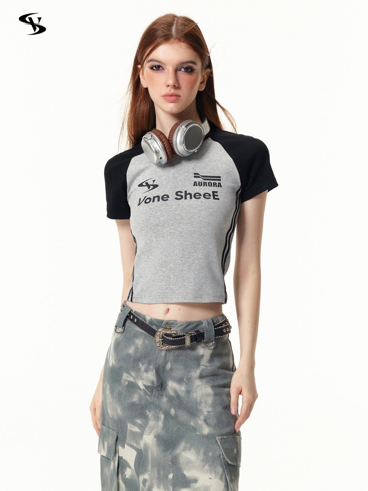 Vone SheeE American Retro Color Block Letter Print Short Sleeve Slim Fit Women&