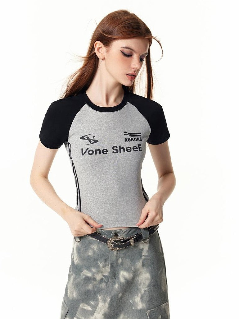 Vone SheeE American Retro Color Block Letter Print Short Sleeve Slim Fit Women&