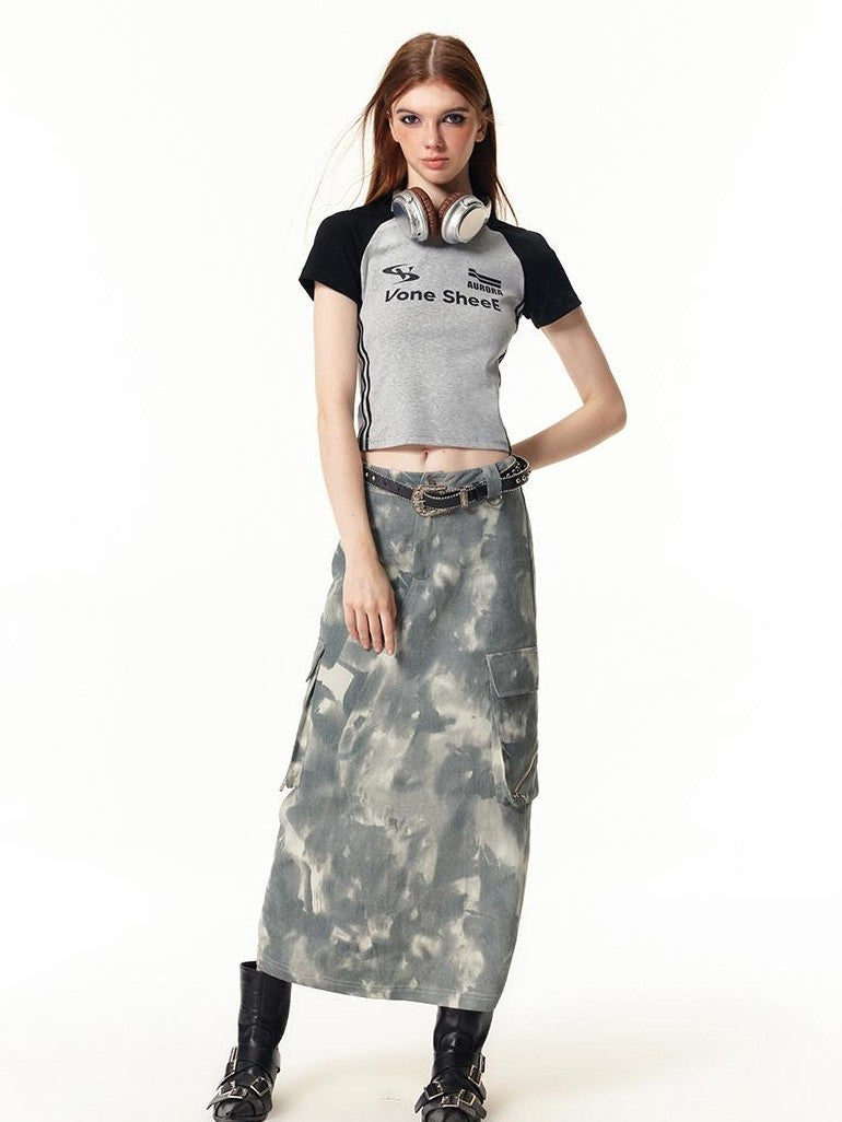 Vone SheeE American Retro Color Block Letter Print Short Sleeve Slim Fit Women&