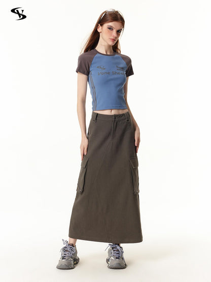Vone SheeE American Retro Color Block Letter Print Short Sleeve Slim Fit Women&
