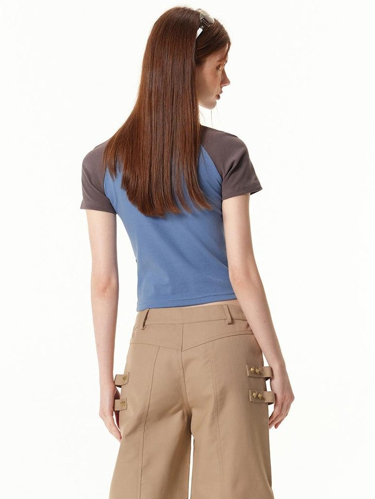 Vone SheeE American Retro Color Block Letter Print Short Sleeve Slim Fit Women&